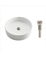 Round Vessel 18" Ceramic Bathroom Sink in White w/ Pop-Up Drain in Satin Nickel