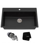 KRAUS Quarza™ 31" Drop-In/Undermount Granite Single Bowl Kitchen Sink in Black Onyx with accessories
