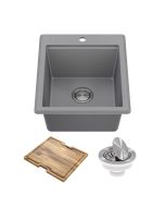 Workstation 18” Drop-In Top Mount Granite Composite Single Bowl Kitchen Bar Sink in Metallic Grey with Accessories