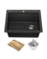 Workstation 25” Drop-In Top Mount Granite Composite Single Bowl Kitchen Sink in Metallic Black with Accessories 