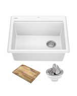 Workstation 25” Drop-In Top Mount Granite Composite Single Bowl Kitchen Sink in White with Accessories 