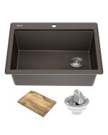 Workstation 28” Drop-In Top Mount Granite Composite Single Bowl Kitchen Sink in Metallic Brown with Accessories