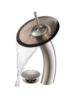 Waterfall Bathroom Faucet with Clear Brown Glass Disk and Pop-Up Drain in Satin Nickel