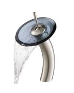 Waterfall Bathroom Faucet with Clear Black Glass Disk in Satin Nickel