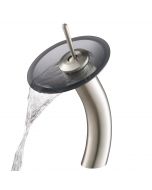 Waterfall Bathroom Faucet with Frosted Black Glass Disk in Satin Nickel