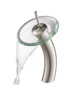 Waterfall Bathroom Faucet with Clear Glass Disk in Satin Nickel