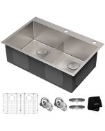 KRAUS 33 inch Standart PRO™ Drop-In Topmount 16 Gauge Double Bowl 2-Hole Stainless Steel Kitchen Sink with accessories
