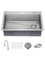 33" Drop-In/Top Mount Kitchen Sink w/ Bolden Commercial Pull-Down Faucet in Chrome