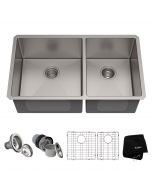 KRAUS Standart PRO™ 33-inch 16 Gauge Undermount 60/40 Double Bowl Stainless Steel Kitchen Sink with accessories
