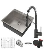25" Drop-In 16 Gauge Stainless Steel Single Bowl Kitchen Sink and Single Handle Commercial Kitchen Faucet in Matte Black