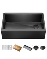 Workstation 33” Flat Apron Front Farmhouse 16 Gauge Black Stainless Steel Single Bowl Kitchen Sink in PVD Gunmetal Finish with Accessories