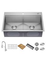 Loften 33" 18 Gauge Double Bowl Dual Mount Workstation Kitchen Sink w/ Bolden Commercial Pull-Down Faucet in Spot Free Stainless Steel