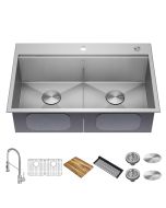 Workstation 33" Dual Mount 18 Gauge Stainless Steel 50/50 Double Bowl Kitchen Sink w/ Bolden Commercial Pull-Down Faucet in Spot Free Stainless Steel