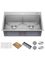 Loften PRO Workstation 33" Dual Mount Stainless Steel 50/50 Double Bowl Kitchen Sink with Accessories