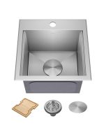 Workstation 15" Drop-In / Top Mount 16 Gauge Stainless Steel Square Single Bowl Kitchen Bar Sink with Accessories