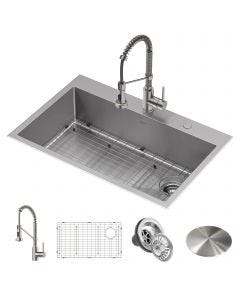 33" Drop-In/Top Mount Kitchen Sink w/ Bolden Commercial Pull-Down Faucet in Spot Free Stainless Steel