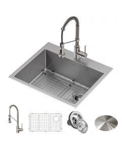 25" Drop-In/Top Mount Kitchen Sink w/ Bolden Commercial Pull-Down Faucet in Spot Free Stainless Steel