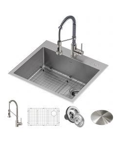 25" Drop-In/Top Mount Kitchen Sink w/ Bolden Commercial Pull-Down Faucet in Spot Free Stainless Steel/Chrome