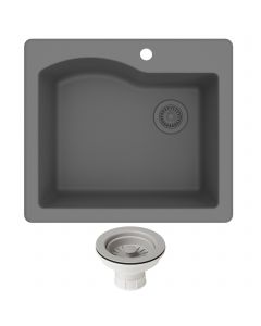 25" Dual Mount Single Bowl Granite Kitchen Sink and Strainer in Grey