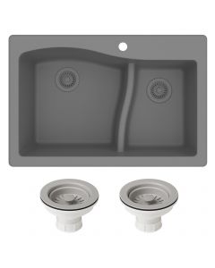 33" Dual Mount 60/40 Double Bowl Granite Kitchen Sink and Strainers in Grey