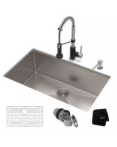 32" Undermount Kitchen Sink w/ Bolden Commercial Pull-Down Faucet and Soap Dispenser in Stainless Steel/Matte Black