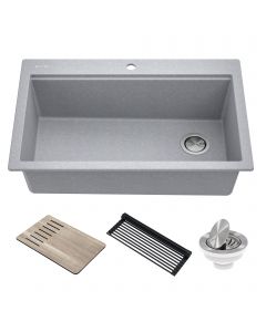 Workstation 33" Drop-In Top Mount Granite Composite Single Bowl Kitchen Sink in Metallic Gray with Accessories