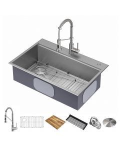 Loften 33" 18 Gauge Single Bowl Dual Mount Workstation Kitchen Sink w/ Bolden Commercial Pull-Down Faucet in Spot Free Stainless Steel