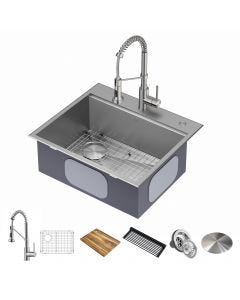 Loften 25" 18 Gauge Single Bowl Dual Mount Workstation Kitchen Sink w/ Bolden Commercial Pull-Down Faucet in Spot Free Stainless Steel