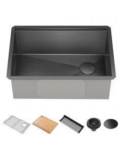Workstation 27” Undermount 16 Gauge Black Stainless Steel Single Bowl Kitchen Sink in PVD Gunmetal Finish with Accessories 