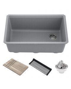Workstation 30" Undermount Granite Composite Single Bowl Kitchen Sink in Metallic Gray with Accessories