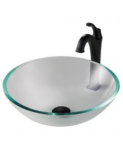 Crystal Clear Glass Vessel 16 1/2" Bathroom Sink w/ Arlo Vessel Faucet and Pop-Up Drain in Matte Black