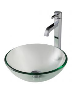 Clear Glass Vessel 14" Bathroom Sink w/ Vessel Faucet and Pop-Up Drain in Chrome