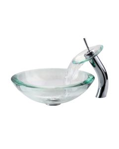 Clear Glass Vessel 17" Bathroom Sink w/ Waterfall Faucet and Pop-Up Drain in Chrome