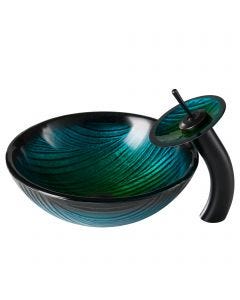 Green Glass Vessel 17" Bathroom Sink w/ Waterfall Faucet and Pop-Up Drain in Oil Rubbed Bronze