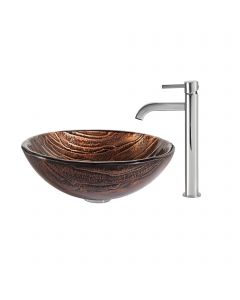 Brown Glass Vessel 17" Bathroom Sink w/ Vessel Faucet and Pop-Up Drain in Chrome