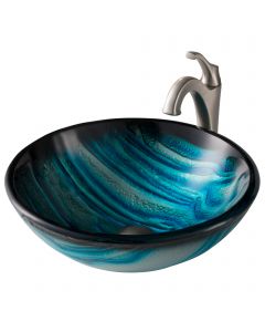 Blue Glass Vessel 17" Bathroom Sink w/ Arlo Vessel Faucet and Pop-Up Drain in Spot Free Brushed Nickel