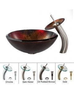 Red/Gold Glass Vessel 17" Bathroom Sink w/ Waterfall Faucet and Pop-Up Drain in Satin Nickel