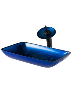 Blue Rectangular Glass Vessel 22" Bathroom Sink w/ Waterfall Faucet and Pop-Up Drain in Oil Rubbed Bronze