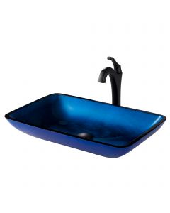 Blue Rectangular Glass Vessel 22" Bathroom Sink w/ Arlo Vessel Faucet and Pop-Up Drain in Oil Rubbed Bronze