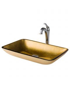 Gold Rectangular Glass Vessel 22" Bathroom Sink w/ Arlo Vessel Faucet and Pop-Up Drain in Chrome