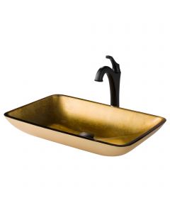 Gold Rectangular Glass Vessel 22" Bathroom Sink w/ Arlo Vessel Faucet and Pop-Up Drain in Matte Black