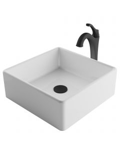 Square Vessel 15" Ceramic Bathroom Sink in White w/ Arlo Vessel Faucet and Pop-Up Drain in Matte Black