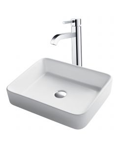 Rectangular Vessel 19" Ceramic Bathroom Sink in White w/ Vessel Faucet and Pop-Up Drain in Chrome
