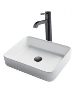 Rectangular Vessel 19" Ceramic Bathroom Sink in White w/ Vessel Faucet and Pop-Up Drain in Oil Rubbed Bronze