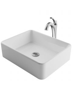 Rectangular Vessel 19" Ceramic Bathroom Sink in White w/ Arlo Vessel Faucet and Pop-Up Drain in Chrome