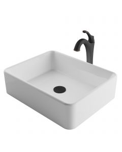 Rectangular Vessel 19" Ceramic Bathroom Sink in White w/ Arlo Vessel Faucet and Pop-Up Drain in Oil Rubbed Bronze