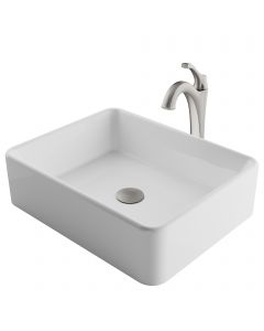 Rectangular Vessel 19" Ceramic Bathroom Sink in White w/ Arlo Vessel Faucet and Pop-Up Drain in Stainless Brushed Nickel