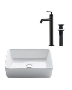 Elavo Modern Rectangular Vessel White Porcelain Ceramic Bathroom Sink, 19 inch and Ramus Single Handle Vessel Bathroom Sink Faucet with Pop-Up Drain in Matte Black