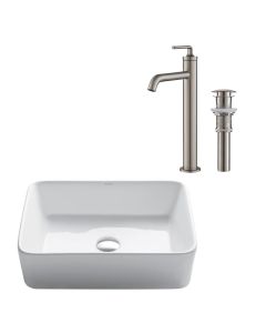 Elavo Modern Rectangular Vessel White Porcelain Ceramic Bathroom Sink, 19 inch and Ramus Single Handle Vessel Bathroom Sink Faucet with Pop-Up Drain in Spot Free Stainless Steel