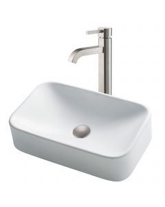 Rectangular Vessel 19" Ceramic Bathroom Sink in White w/ Vessel Faucet and Pop-Up Drain in Satin Nickel